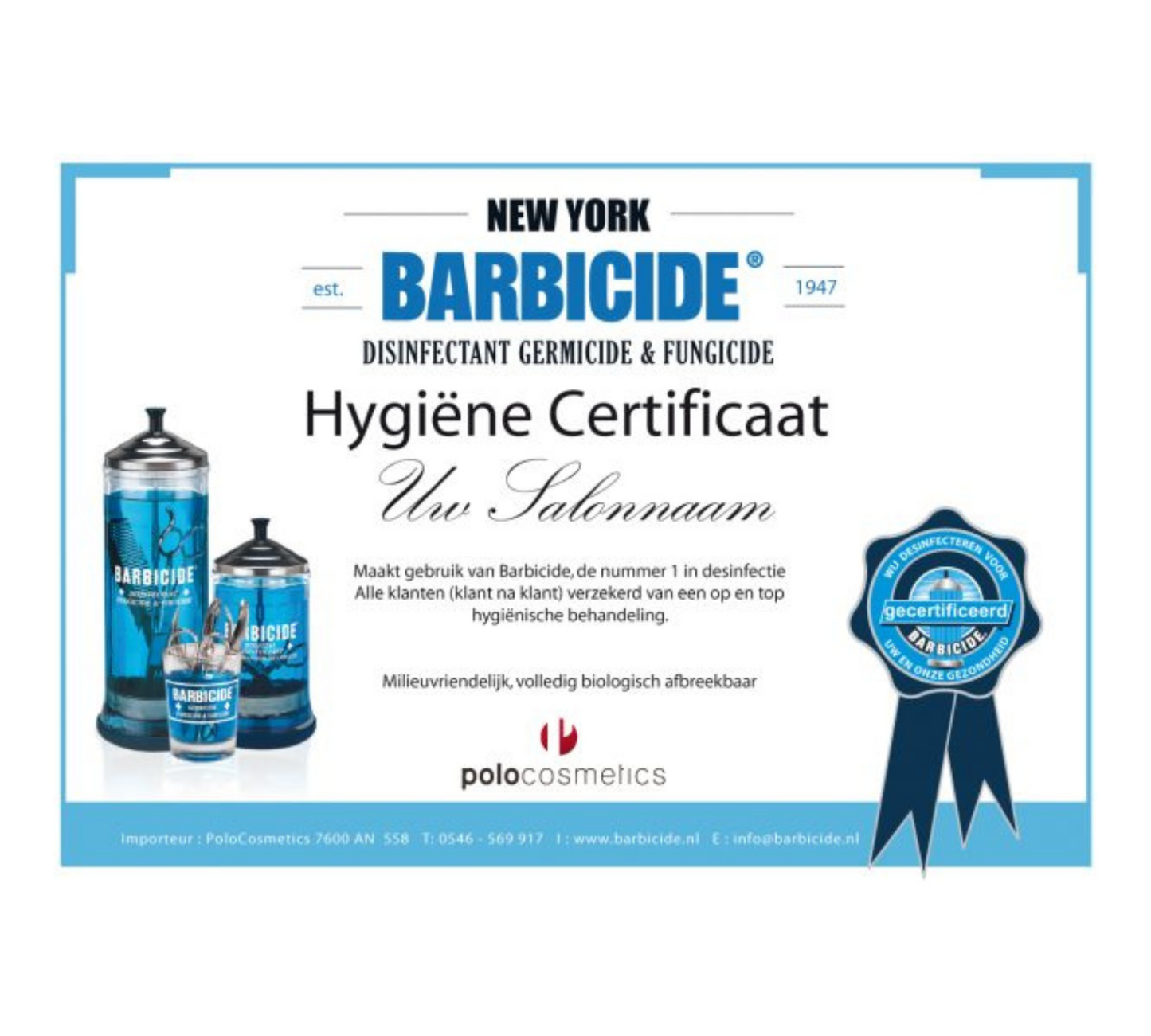 Barbicide Hygiëne Certificaat ( lees beschrijving )