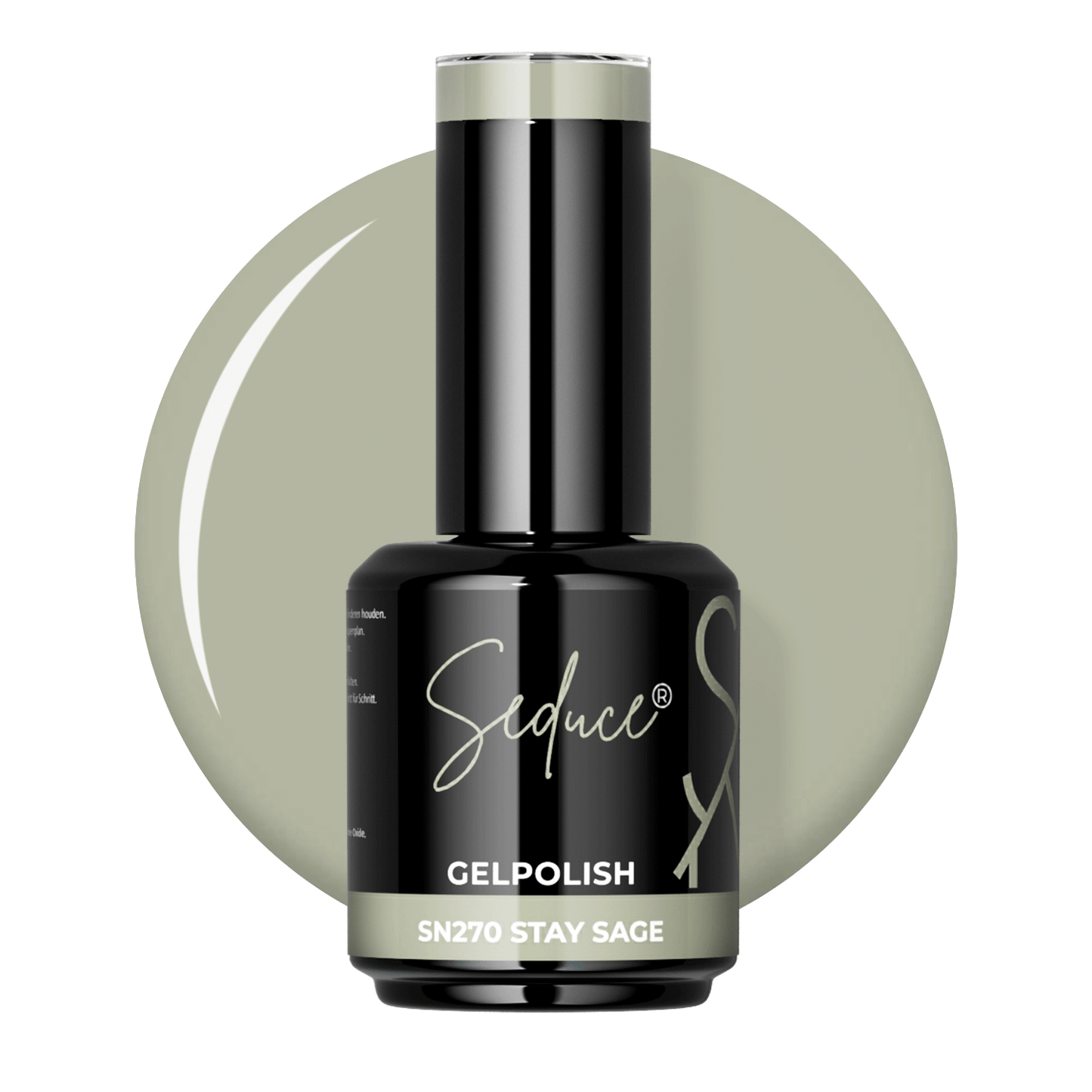 Seduce® Gelpolish Stay Sage SN270 zachte saliegroene colordrop met flesje op transparante achtergrond