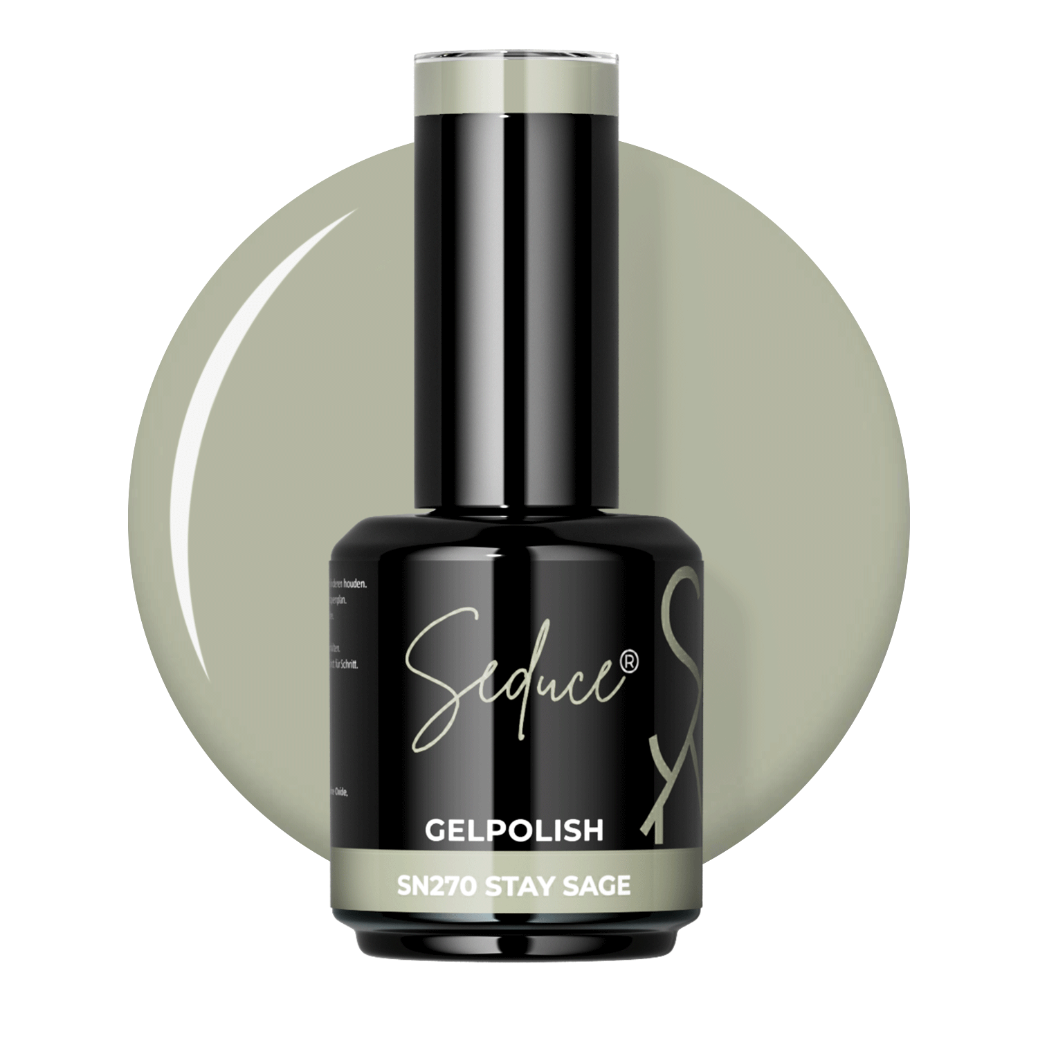 Seduce® Gelpolish Stay Sage SN270 zachte saliegroene colordrop met flesje op transparante achtergrond