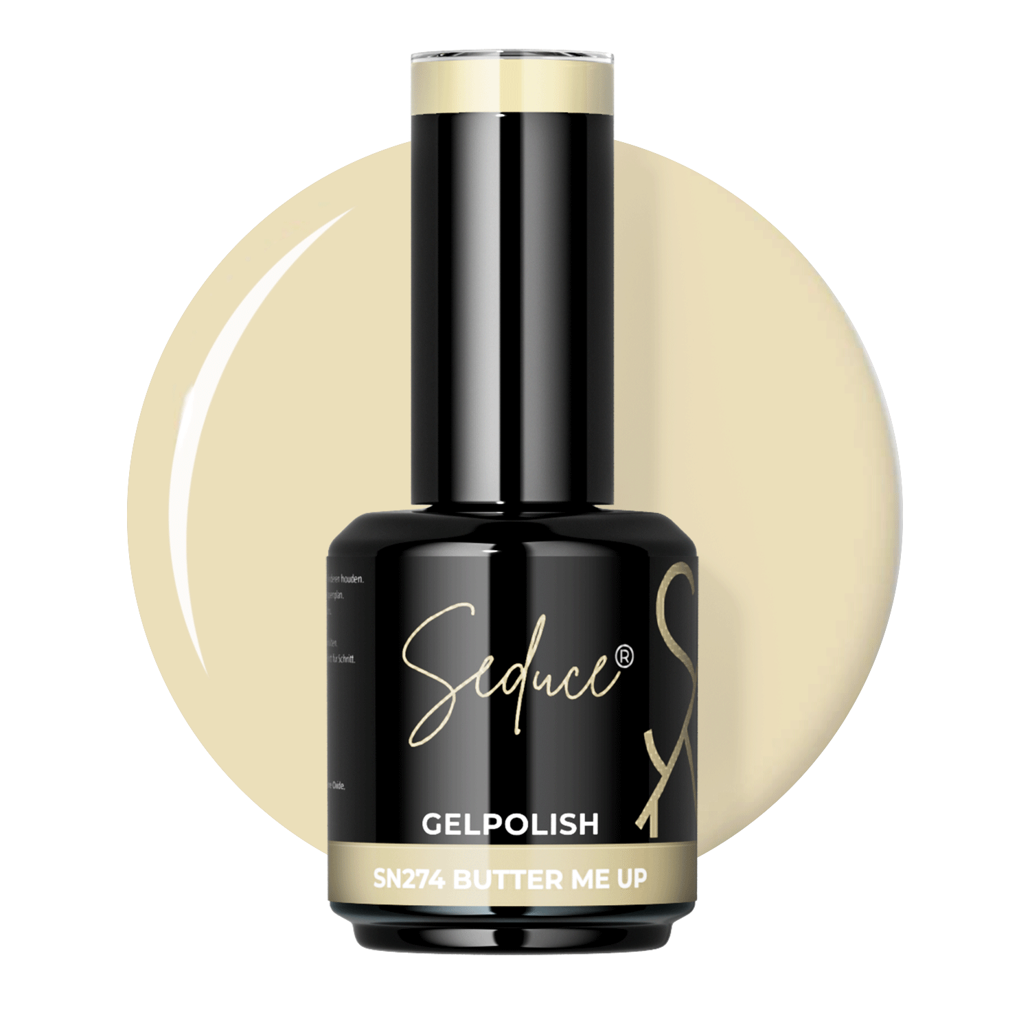 Flesje Seduce® Gelpolish SN274 Butter Me Up naast een warme pastelgele colordrop