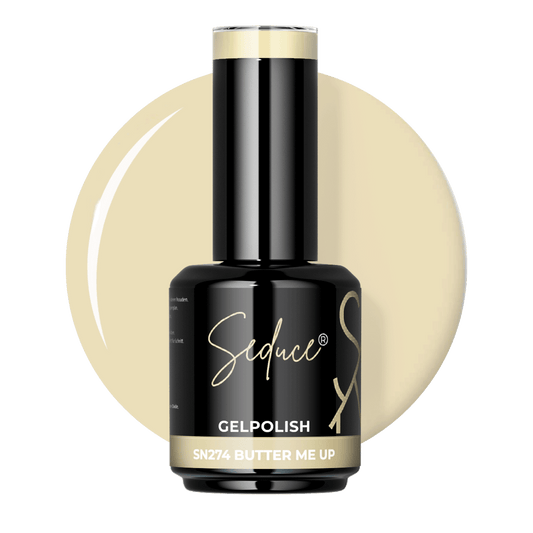 Flesje Seduce® Gelpolish SN274 Butter Me Up naast een warme pastelgele colordrop