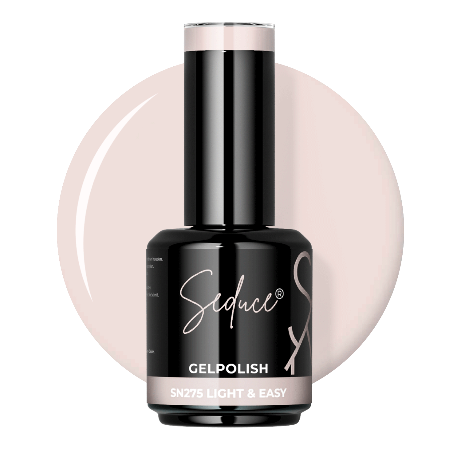 Seduce® Gelpolish Light & Easy SN275 zachte ivoorbeige colordrop met flesje op witte achtergrond