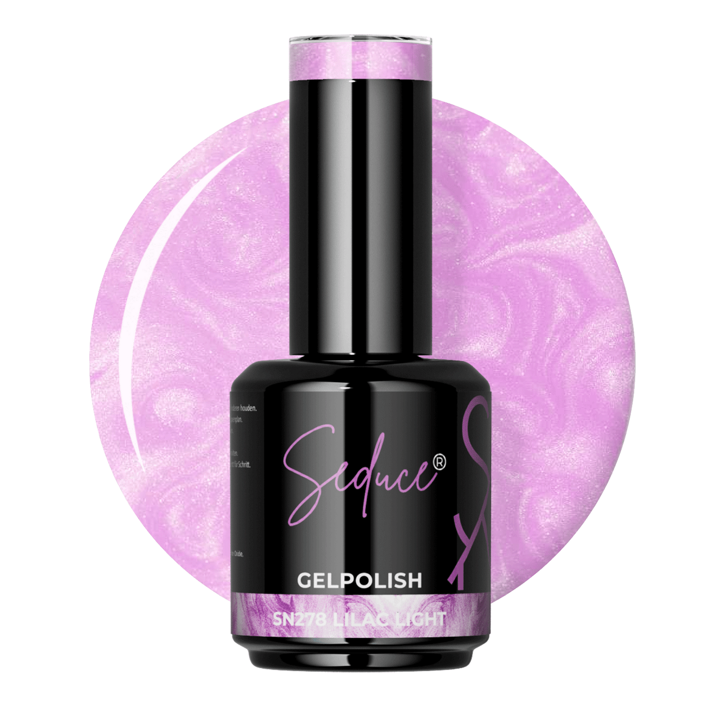 Flesje Seduce® Gelpolish SN278 Lilac Light naast een lichte lila colordrop met parelmoer gloed