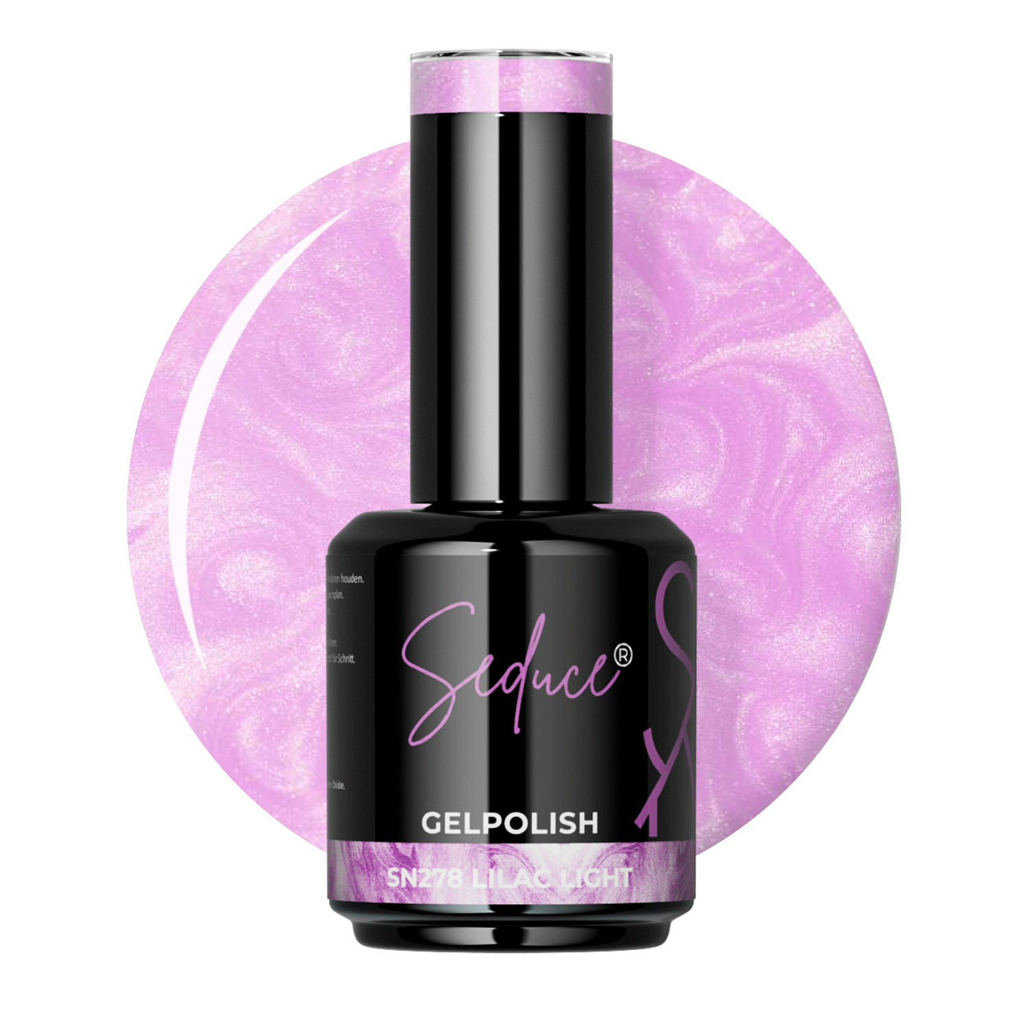 Flesje Seduce® Gelpolish SN278 Lilac Light naast een lichte lila colordrop met parelmoer gloed