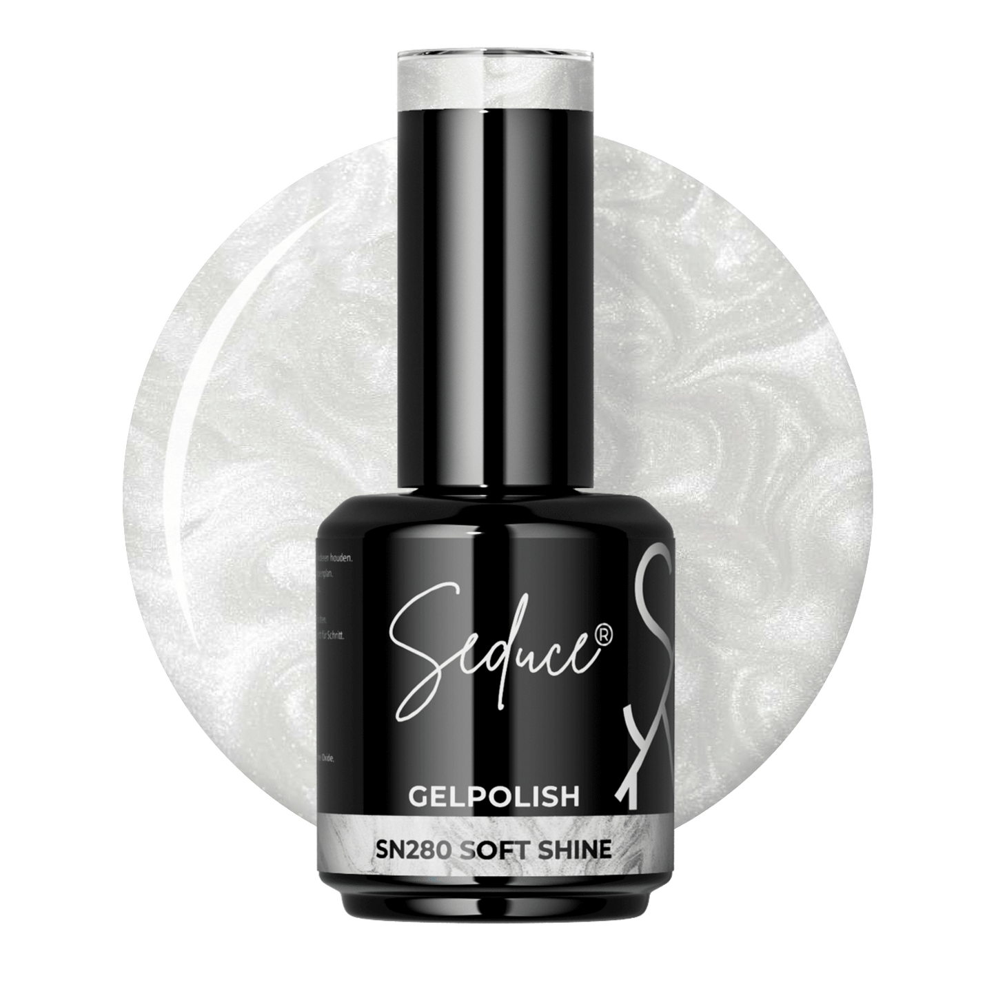 Flesje Seduce® Gelpolish SN280 Soft Shine naast een extreem lichte champagne colordrop met zilveren glans