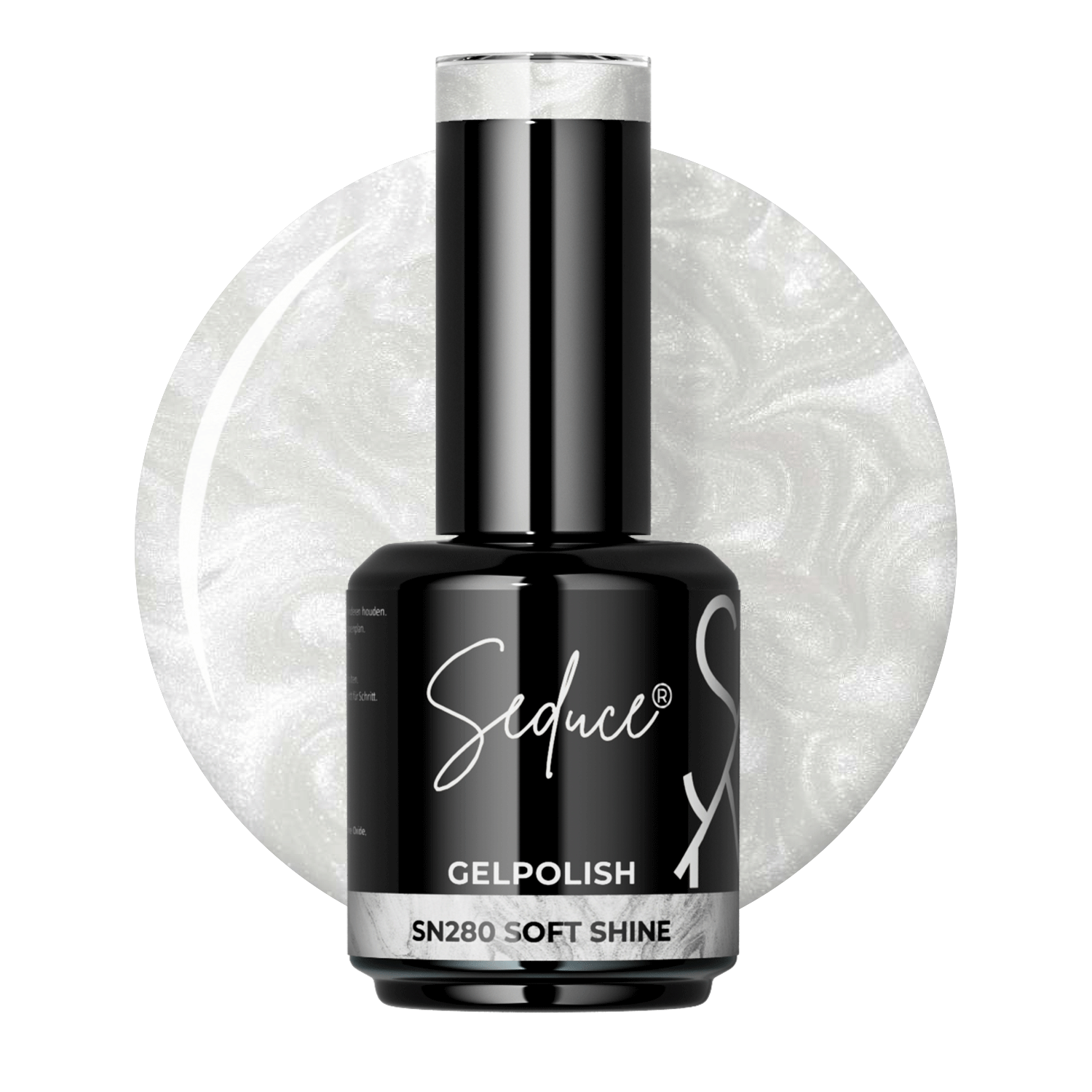 Flesje Seduce® Gelpolish SN280 Soft Shine naast een extreem lichte champagne colordrop met zilveren glans