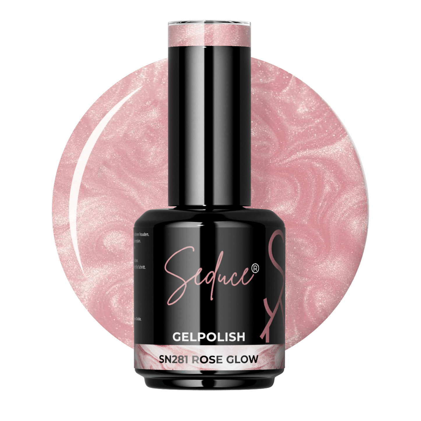 Flesje Seduce® Gelpolish SN281 Rose Glow naast een zachte rosé colordrop met parelmoer gloed