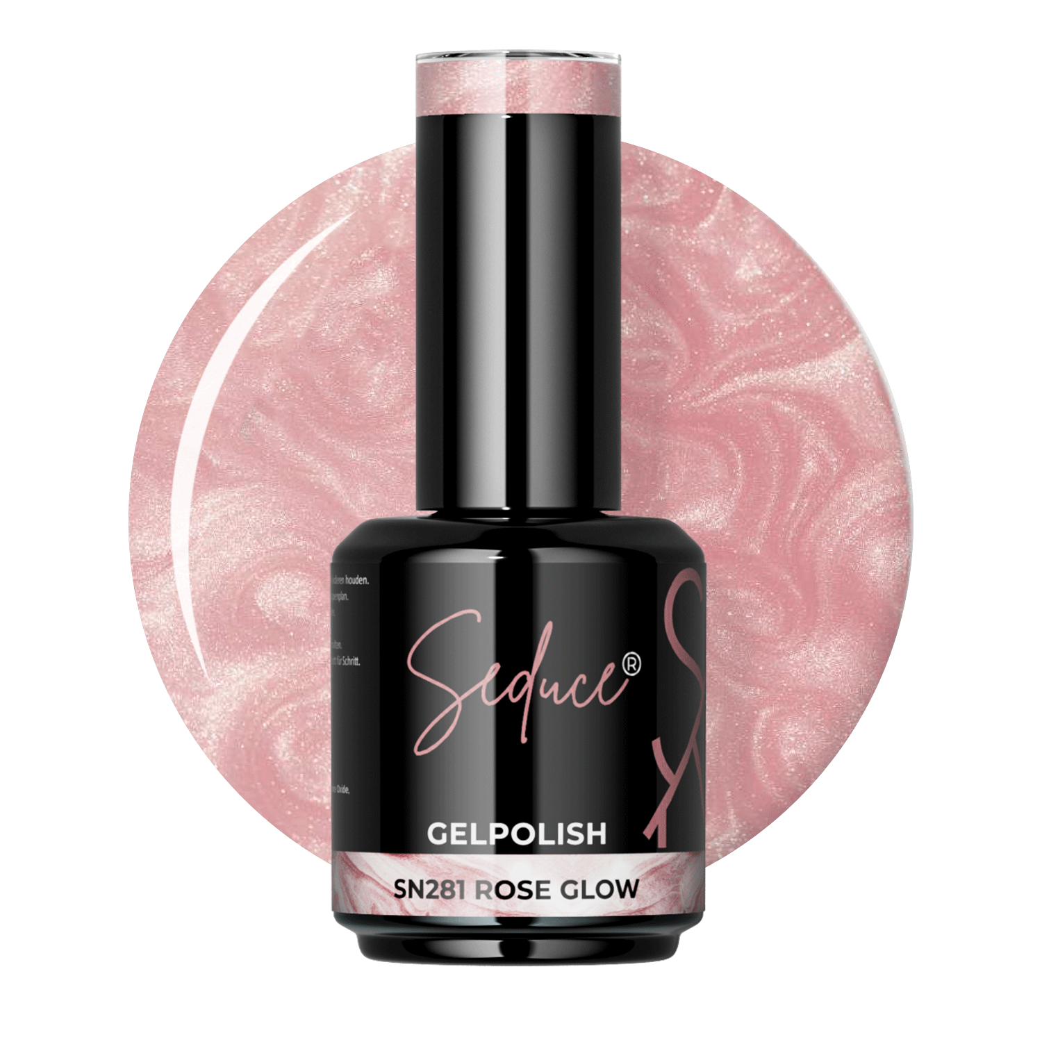 Flesje Seduce® Gelpolish SN281 Rose Glow naast een zachte rosé colordrop met parelmoer gloed