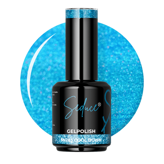 Seduce® Gelpolish Cool Down SN283 ijzig lichtblauwe colordrop met holografische glitter en flesje